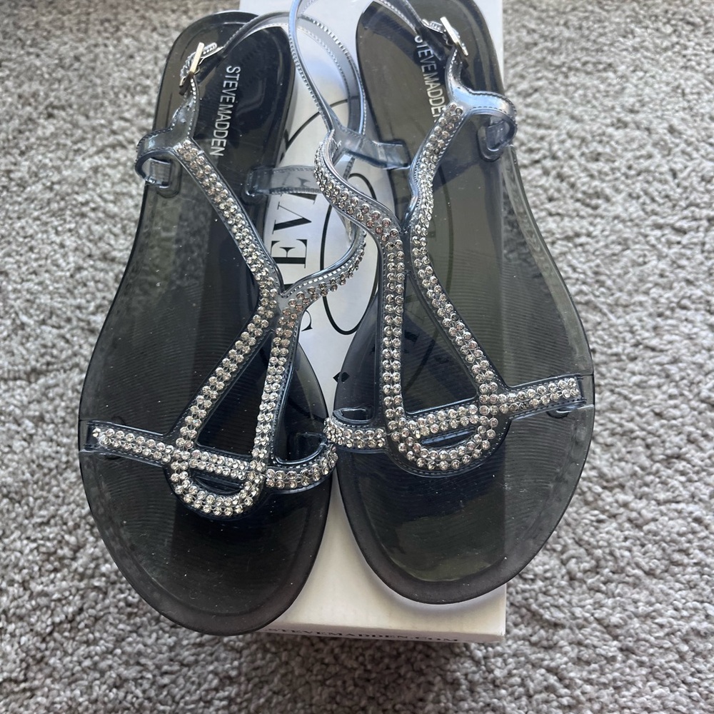 Steve Madden Black Sandals with Rhinestone Detailing. Clear jellies. Size 8